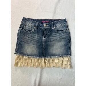 Wrangler Denim Mini Skirt Medium Wash Lace Ruffle Hem Boho Western Blue Womens
